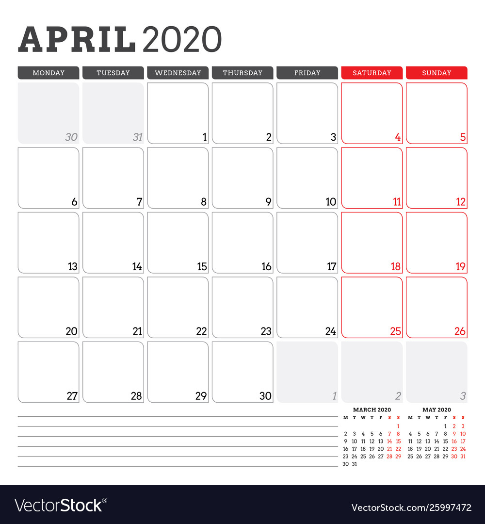 Calendar Planner For April 2020 Week Starts On