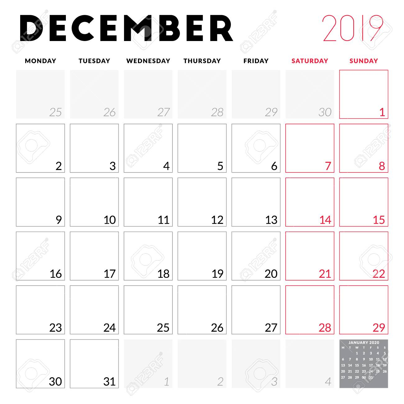 Calendar Planner For December 2019. Week Starts On Monday. Printable..