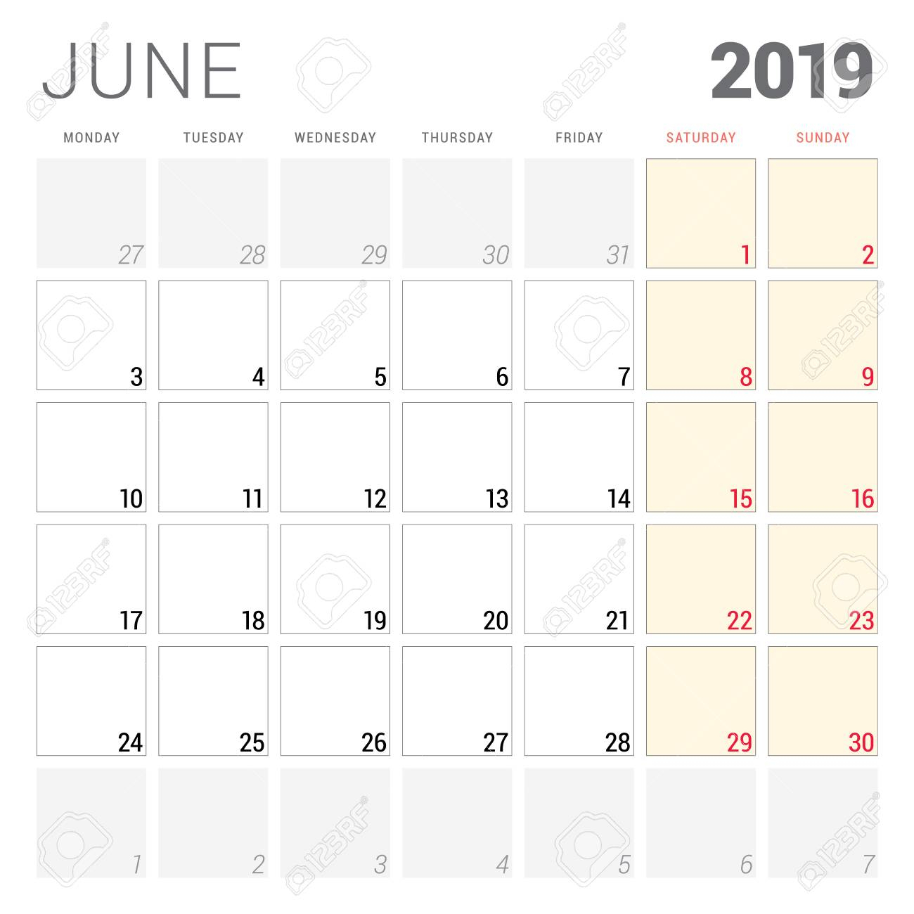 Calendar Planner For June 2019. Week Starts On Monday. Printable..