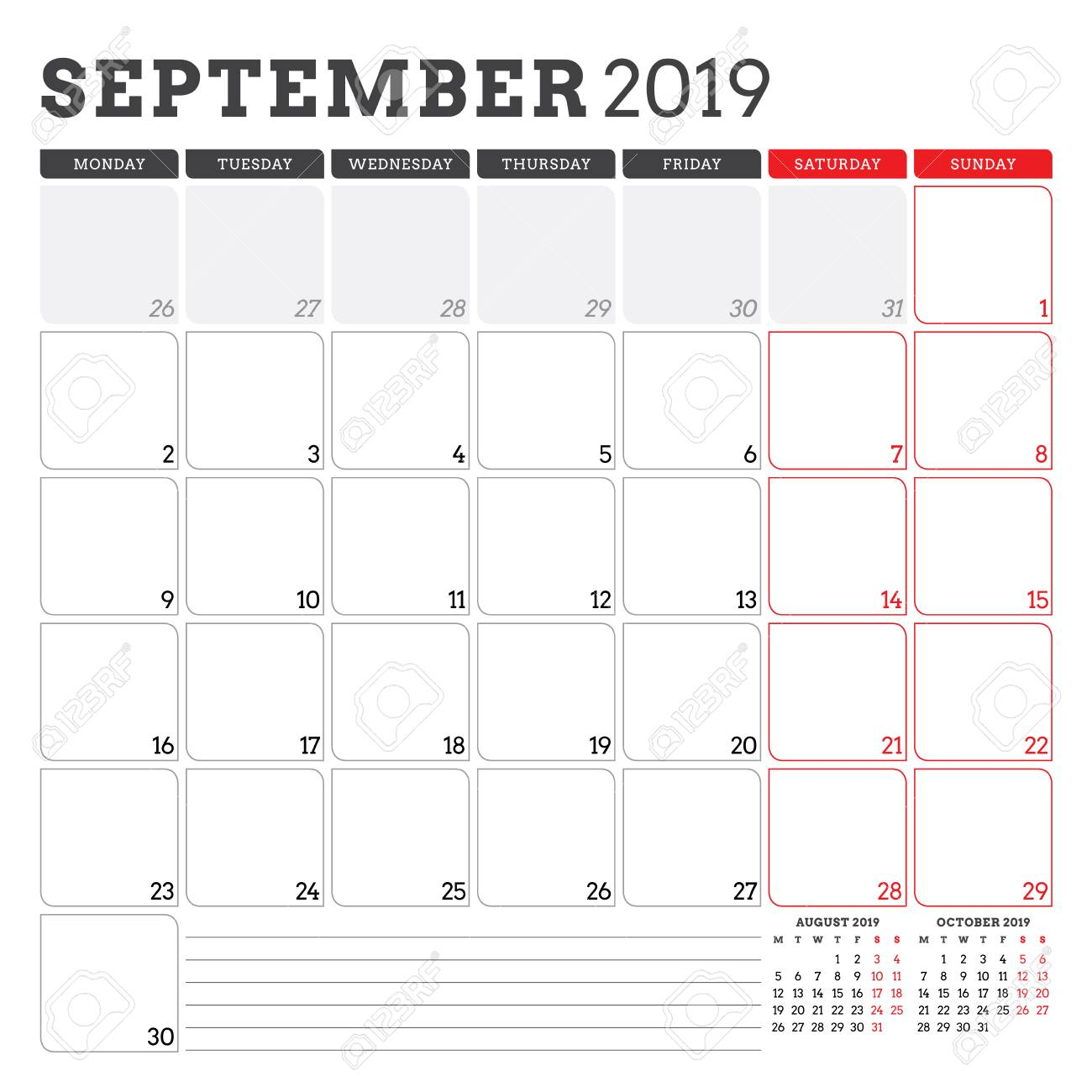 Calendar Planner For September 2019. Week Starts On Monday. Printable..