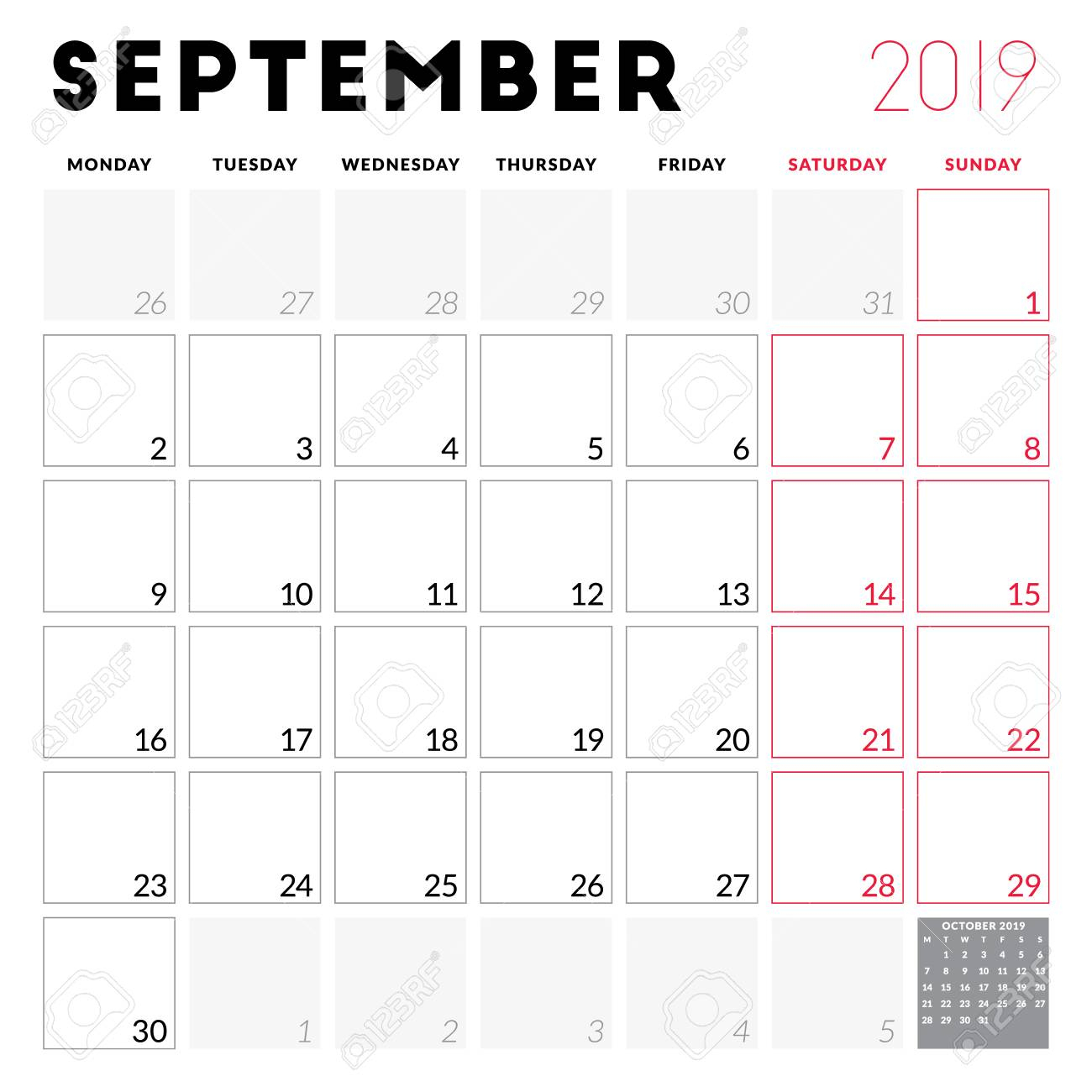 Calendar Planner For September 2019. Week Starts On Monday. Printable..