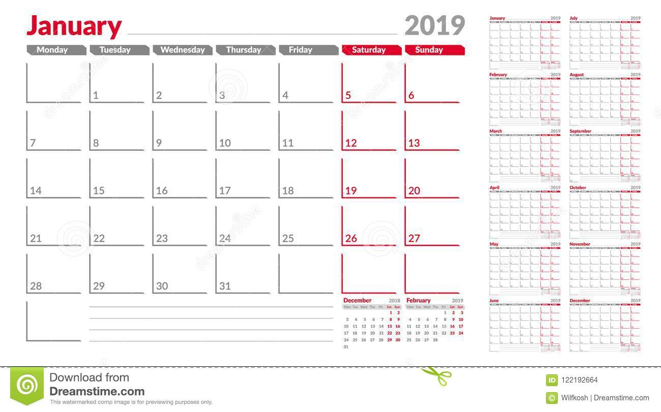 Calendar Planner Template 2019. Week Start From Monday. Set