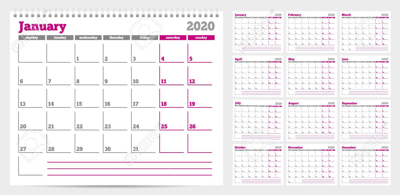 Calendar Planner Template 2020. Week Start From Monday. Set Of..