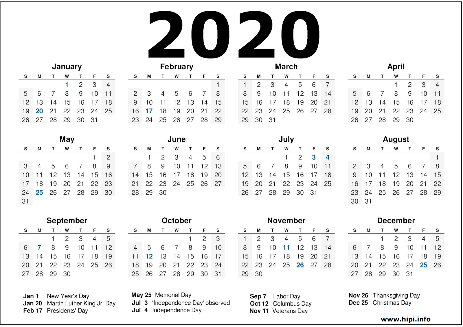 Printable Usa 2020 Calendar With Holidays Example Calendar Printable