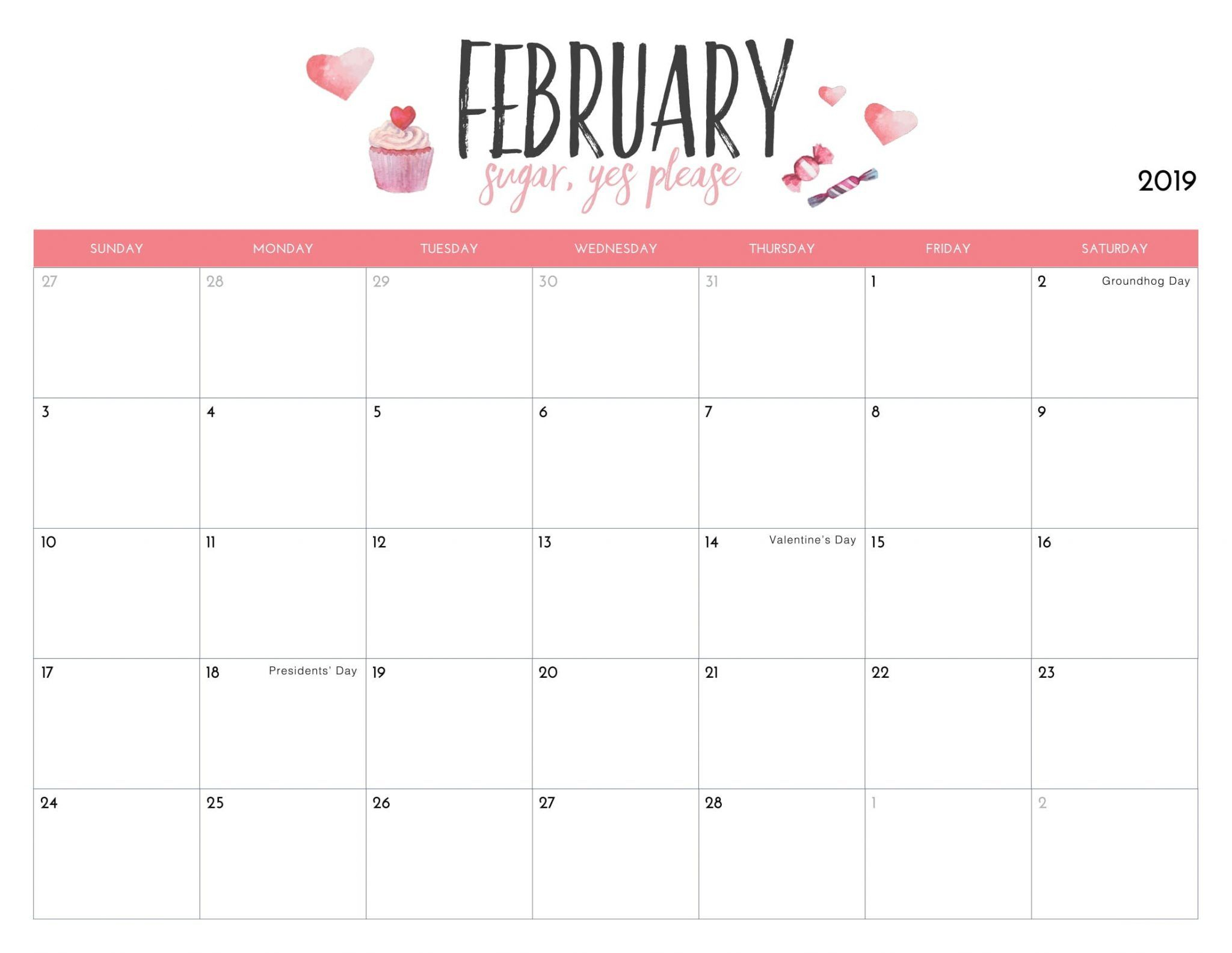 Cute February 2019 Calendar Printable #feb #february2019