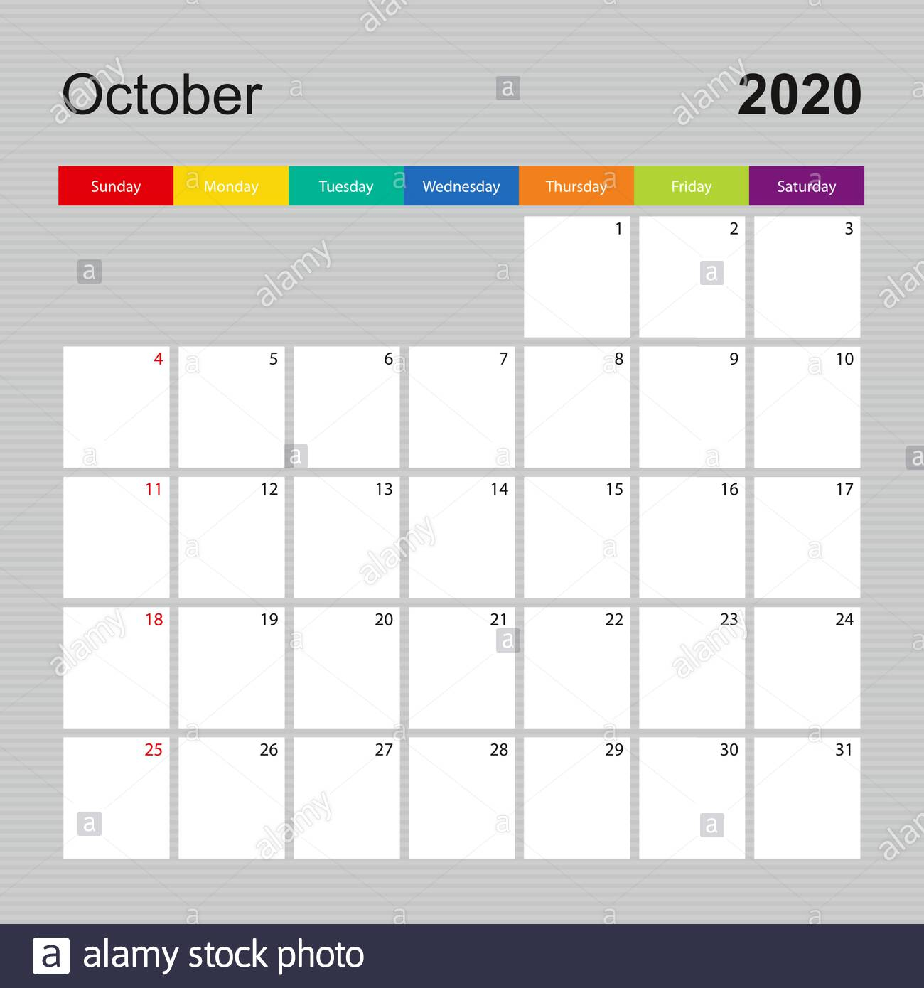 Сalendar Page For October 2020, Wall Planner With Colorful