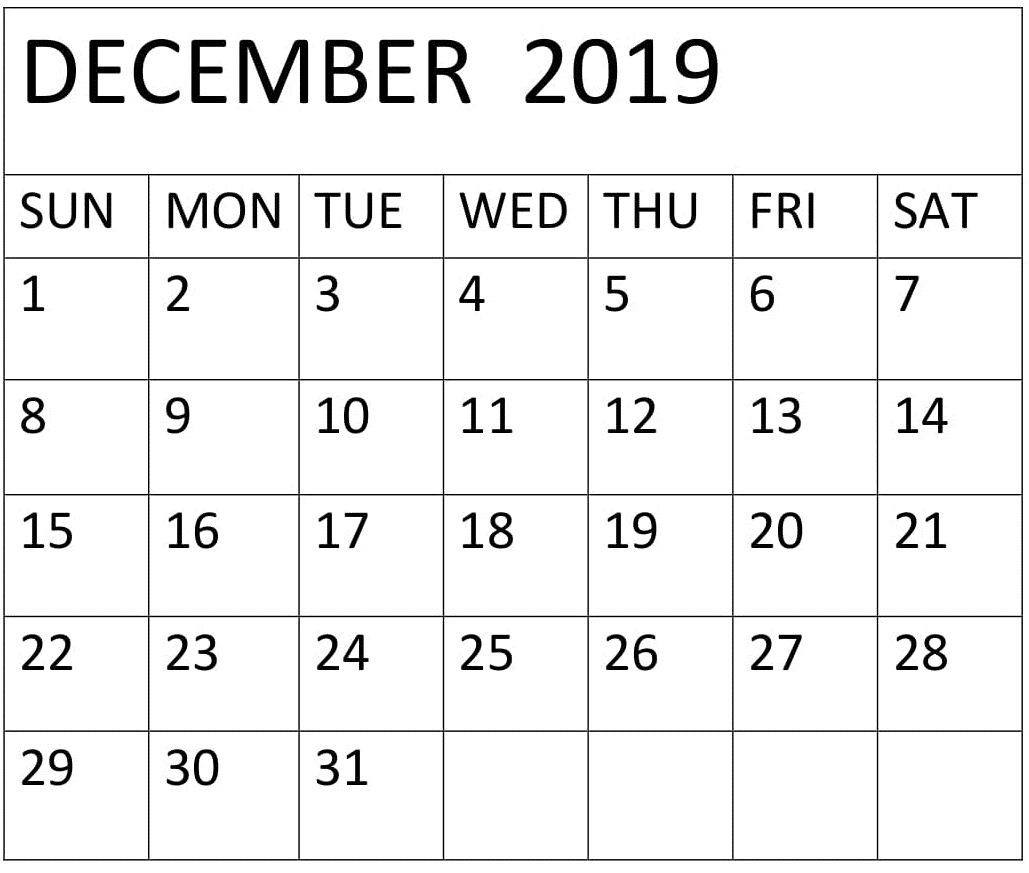 December 2019 Calendar Printable Free Download - Latest