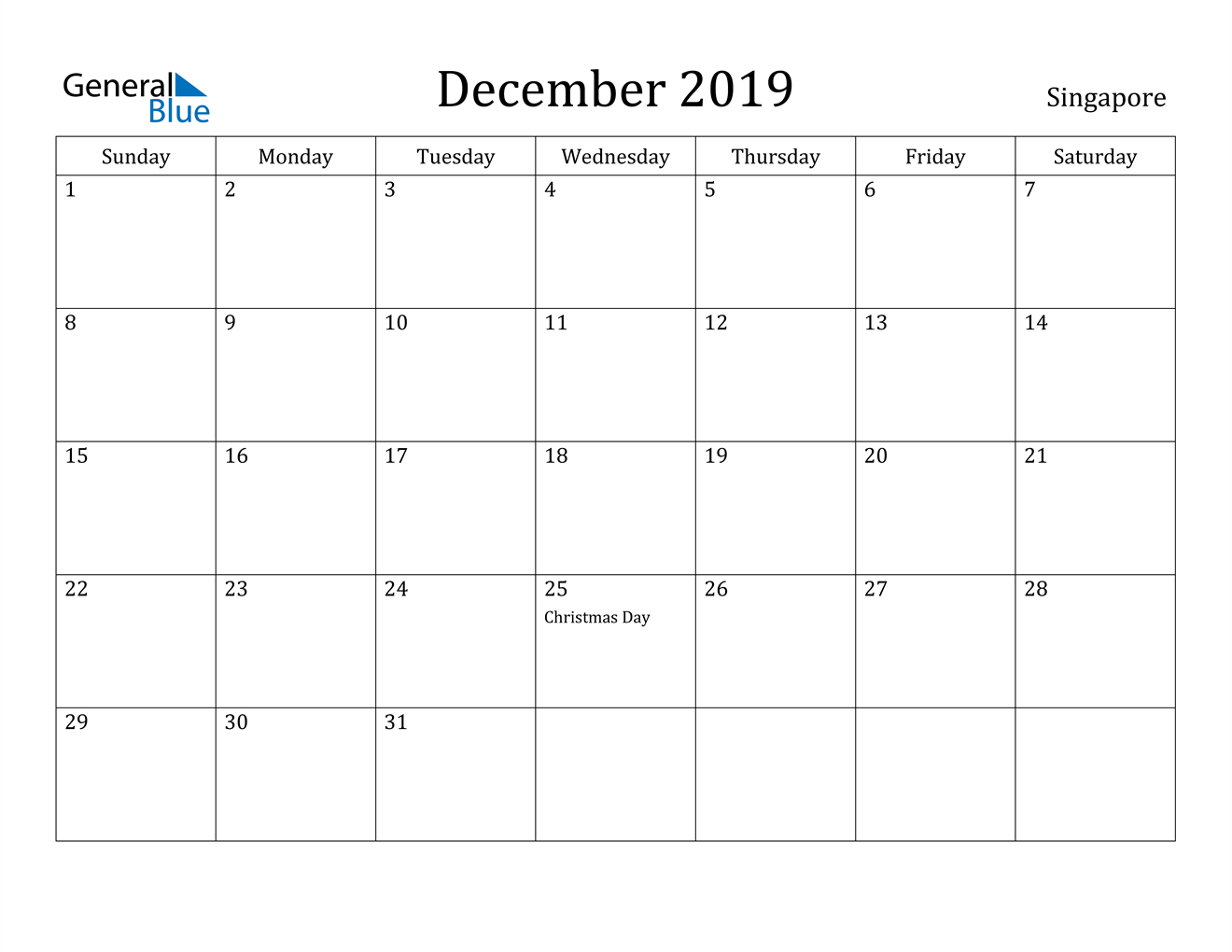 December 2019 Calendar - Singapore