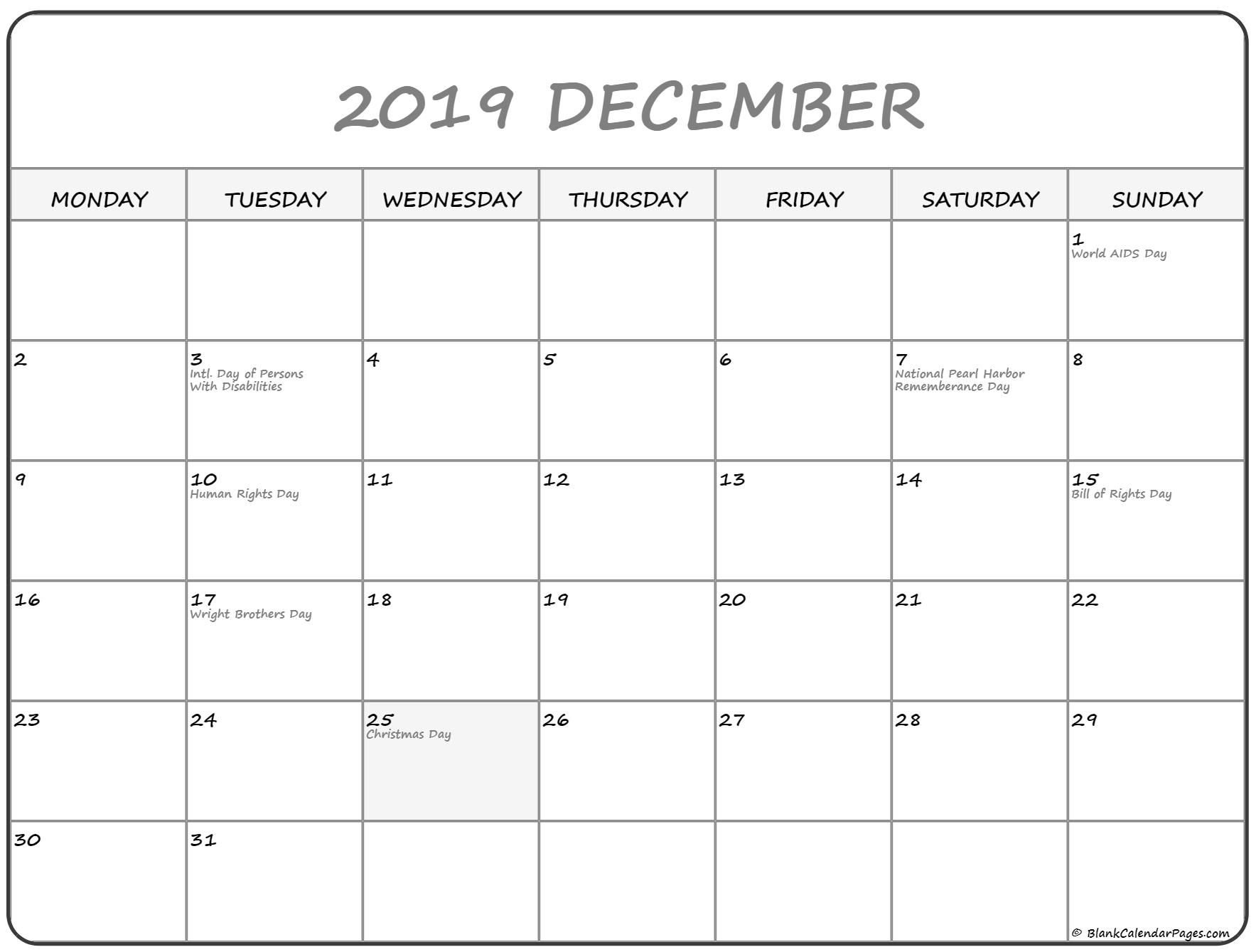 December 2019 Monday Calendar | Monday To Sunday