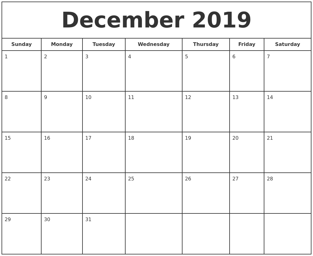 December 2019 Print Free Calendar