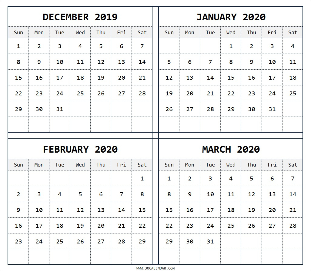 December 2019 To March 2020 Calendar | 4 Months Printable