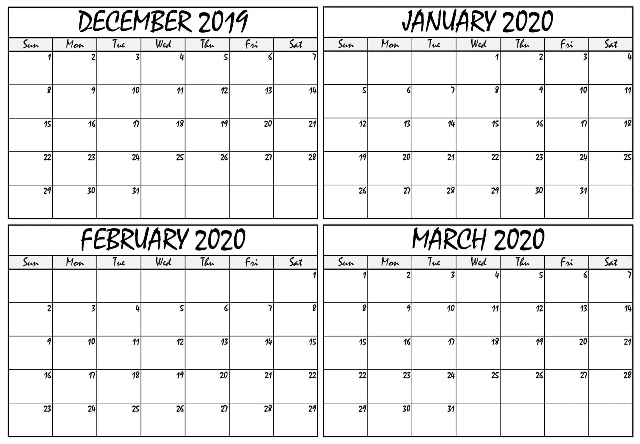 December 2019 To March 2020 Calendar Sheets - 2019 Calendars