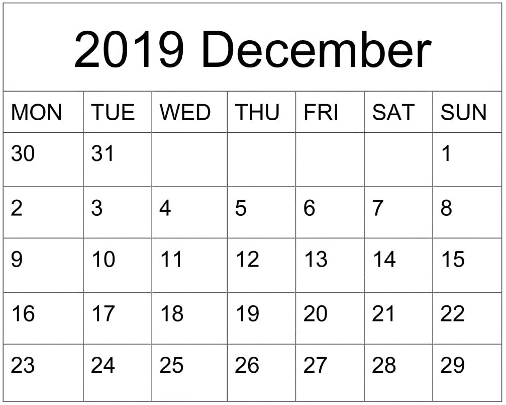 December Calendar 2019 Pdf Printable – Free Latest Calendar