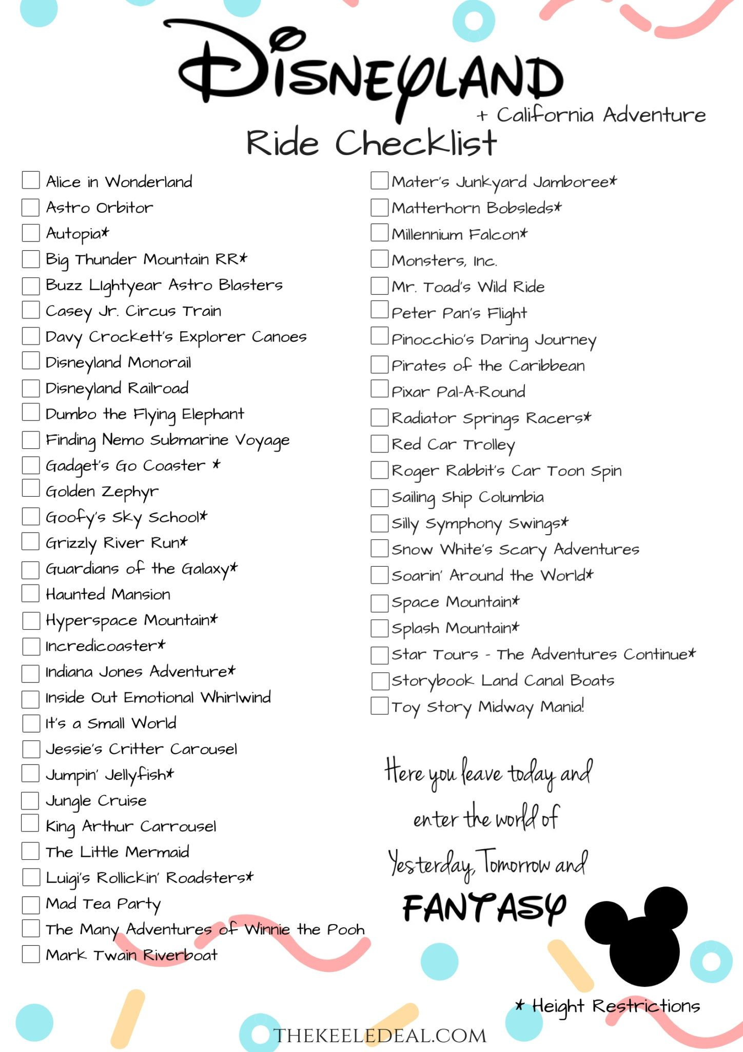 Disneyland Ride Checklist {Free Printable} | All Things
