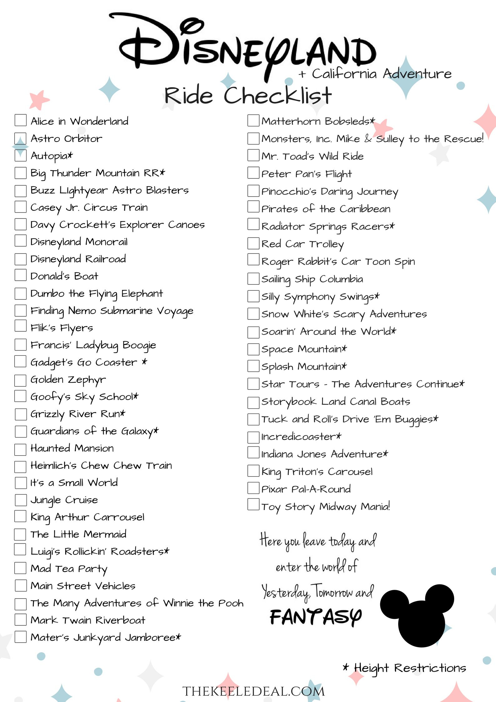 Disneyland Ride Checklist {Free Printable} | Disneyland