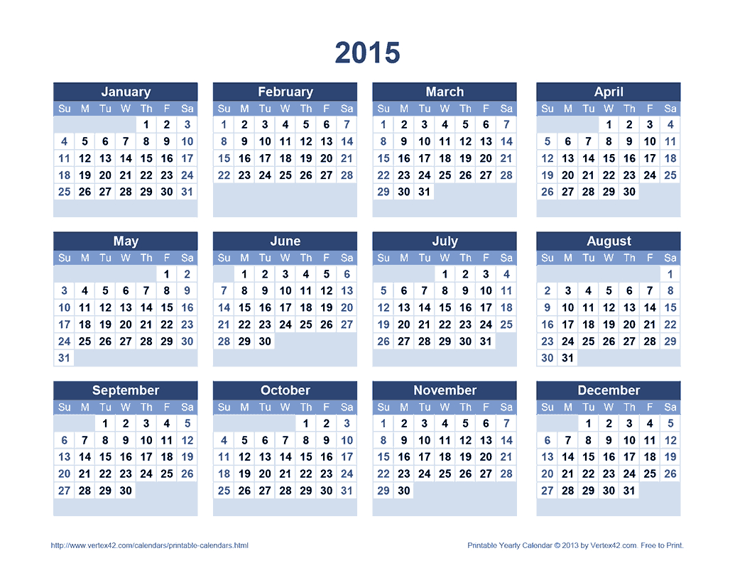 Download A Free Printable 2015 Yearly Calendar From Vertex42