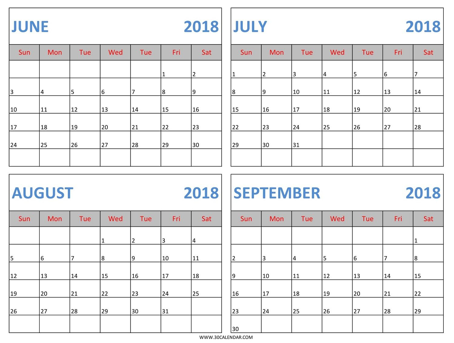 Download June July August September 2018 Calendar Template