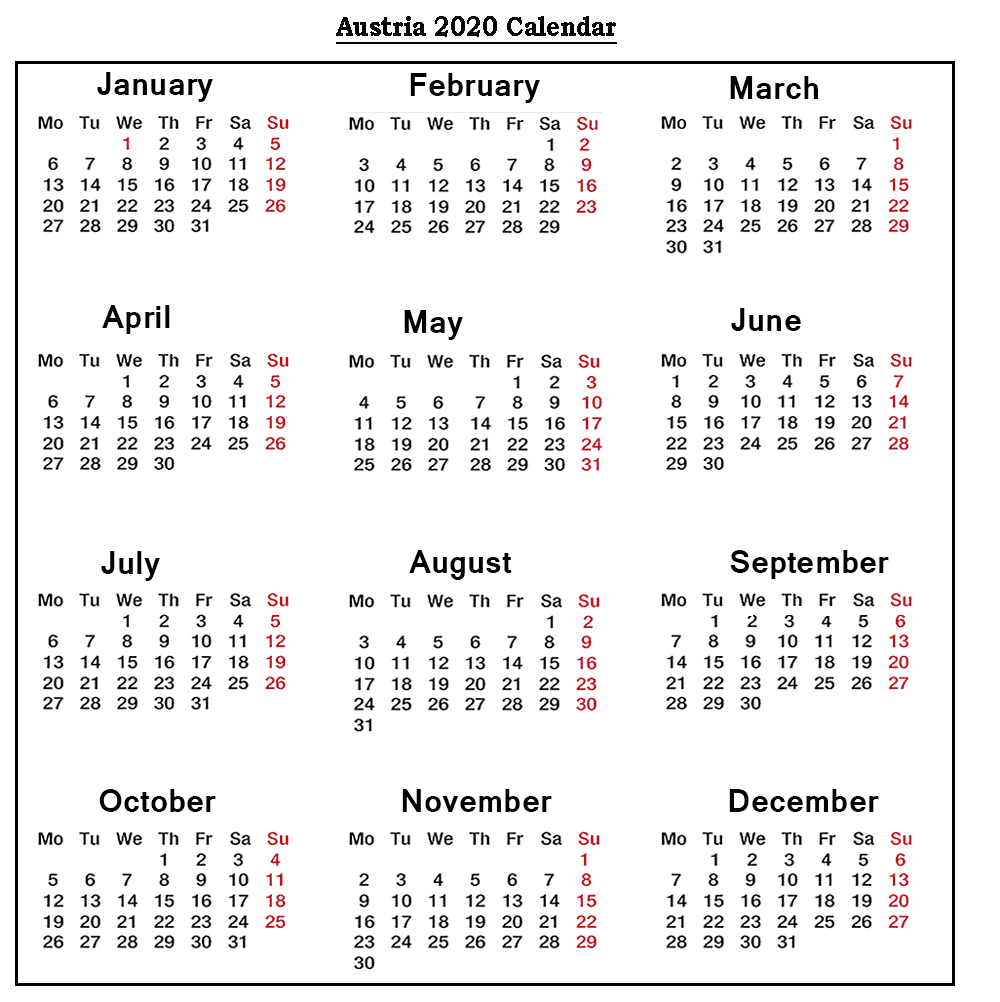 ❤️free Austria 2020 Printable Calendar With Public