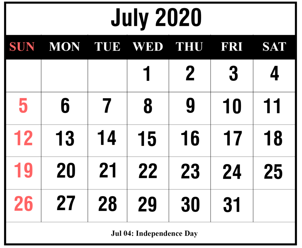 ❤️free July 2020 Printable Calendar Templates [Pdf, Excel