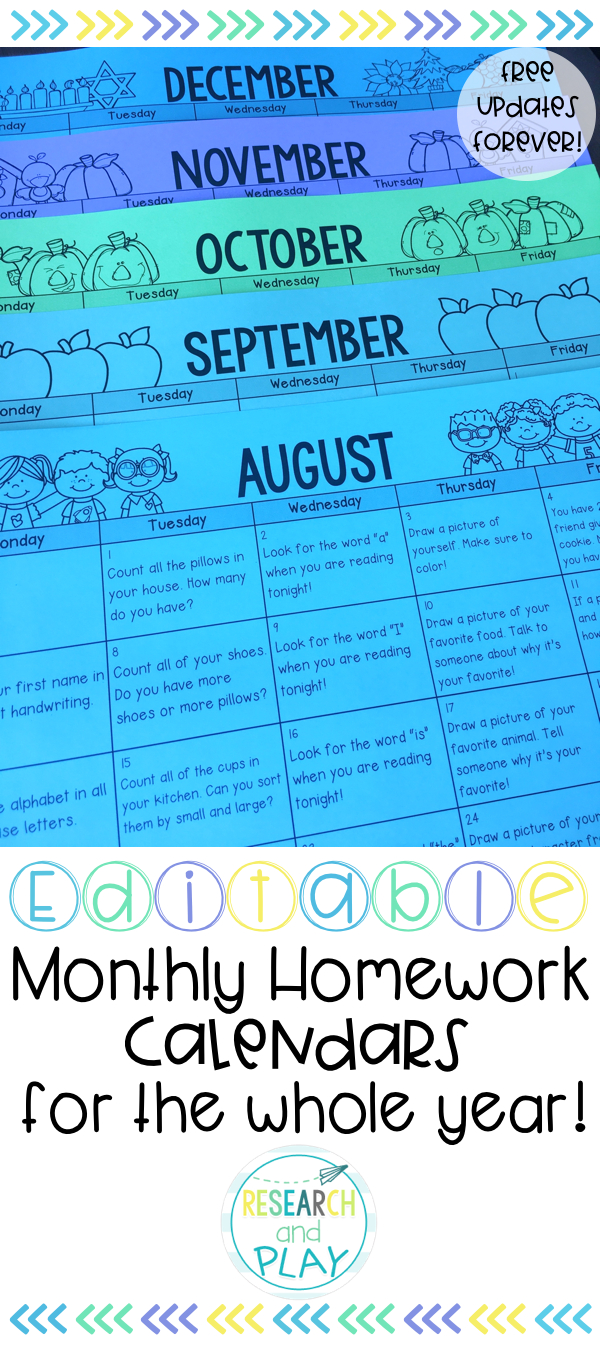 Editable Kindergarten Monthly Homework Calendars In English