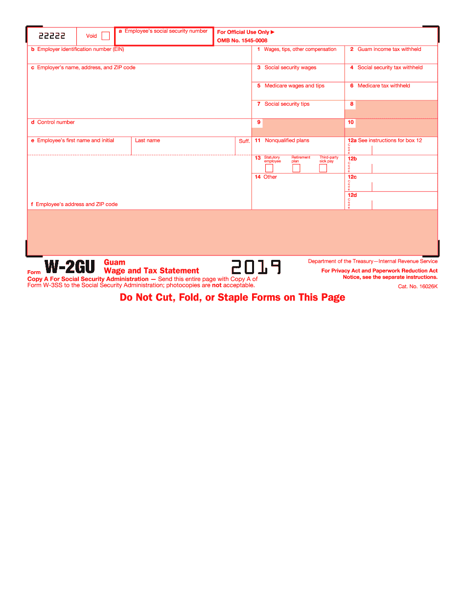 Electronic Irs Form W-2Gu 2019 - 2020 - Printable Pdf Sample
