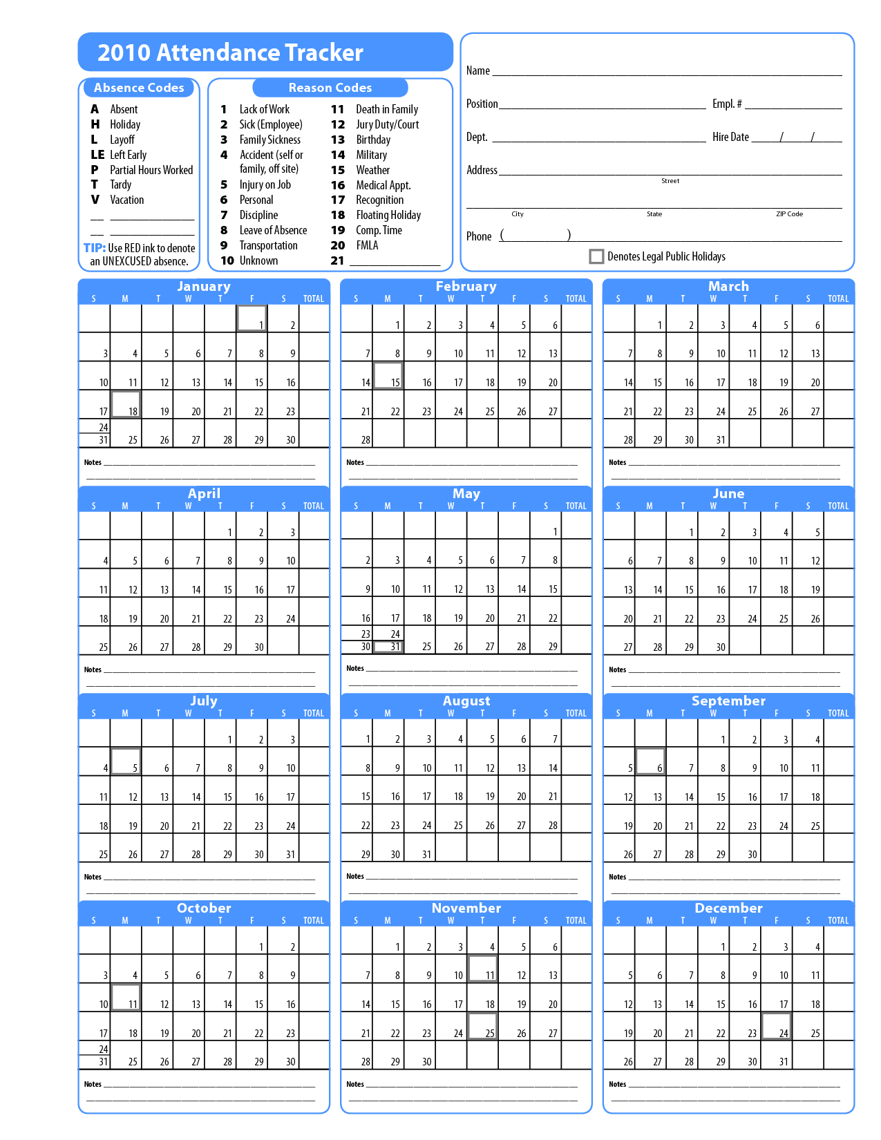 Employee Attendance Calendar Template 2016 - C-Punkt