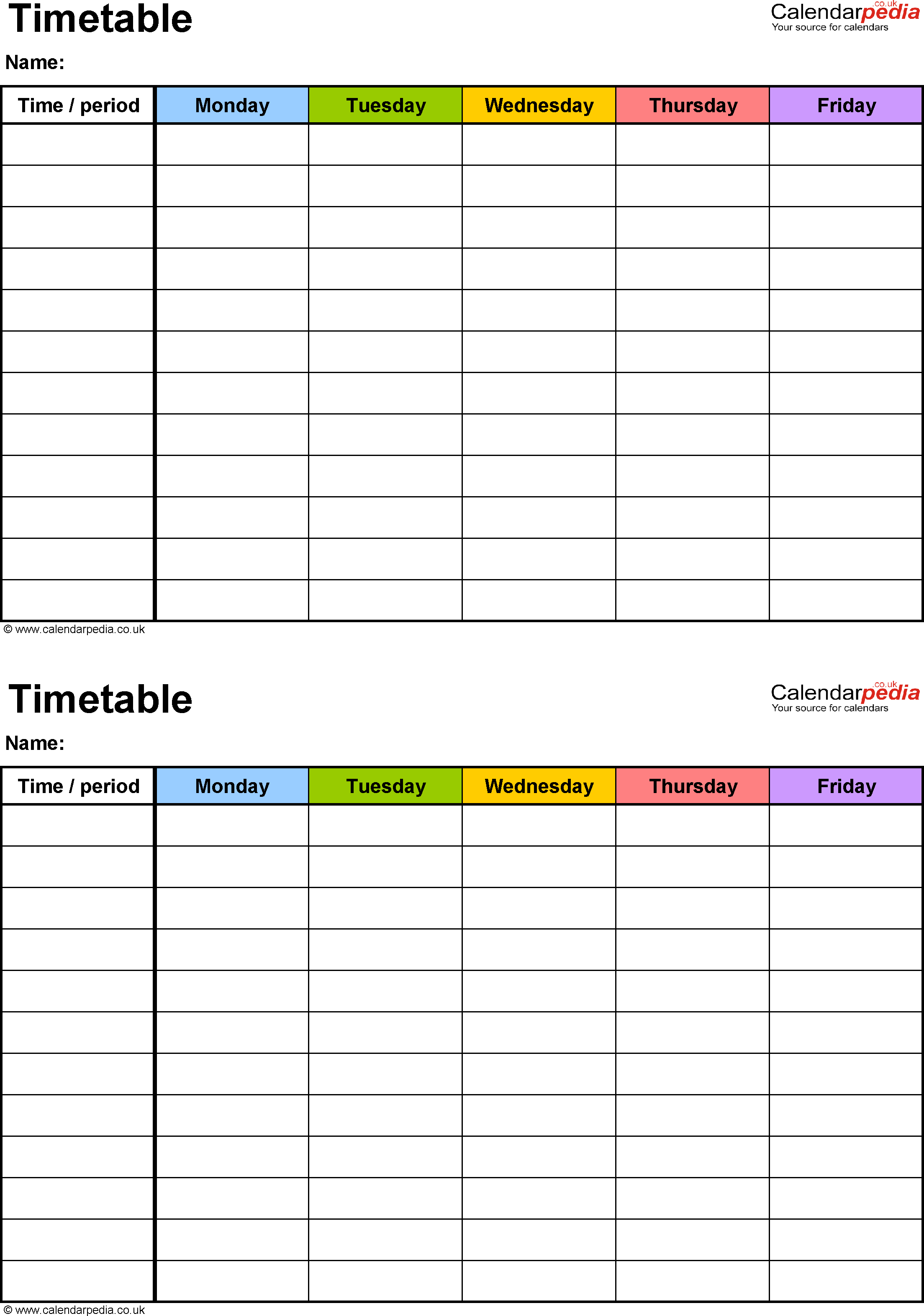 Excel Timetable Template 6: 2 A5 Timetables On One Page