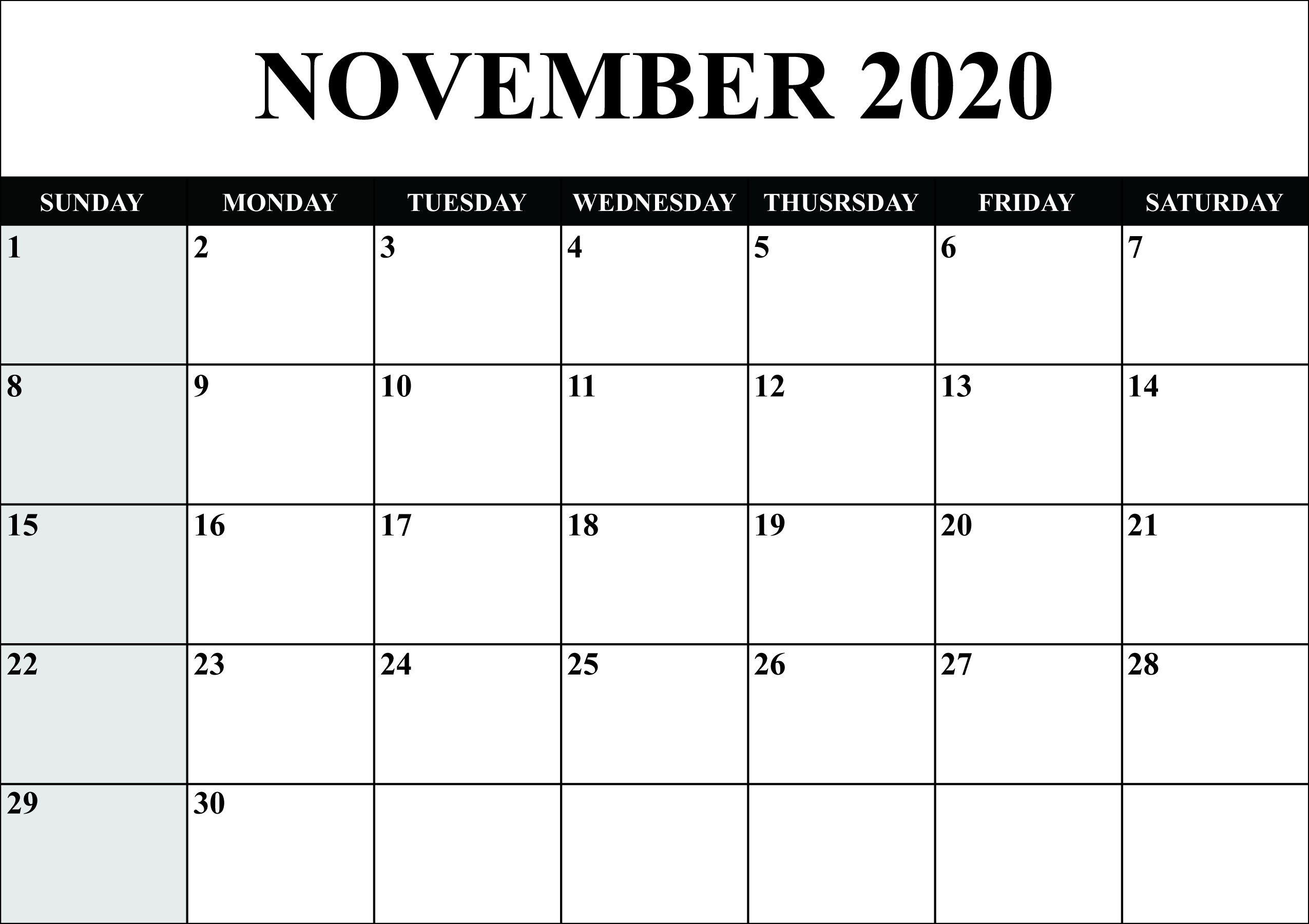 Printable Monthly Calendar 2020 Starting Monday