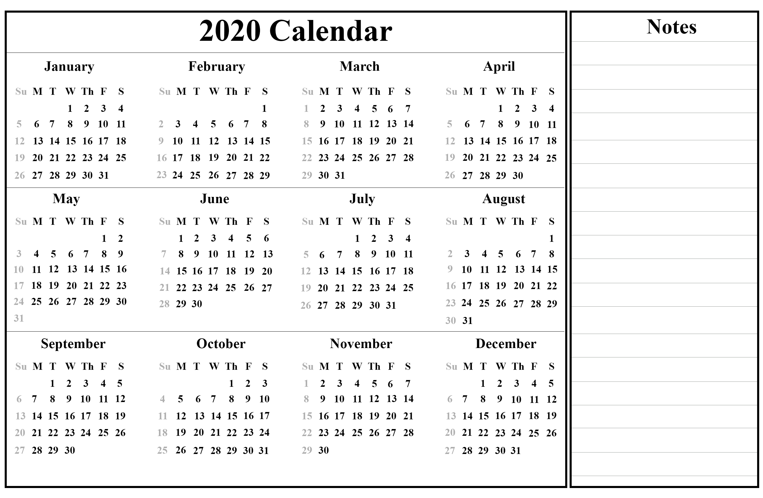 ?printable Yearly Calendar 2020 Template With Holidays [Pdf