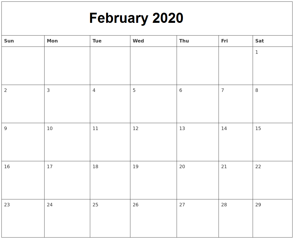 February 2020 Calendar Blank Printable Pages Template