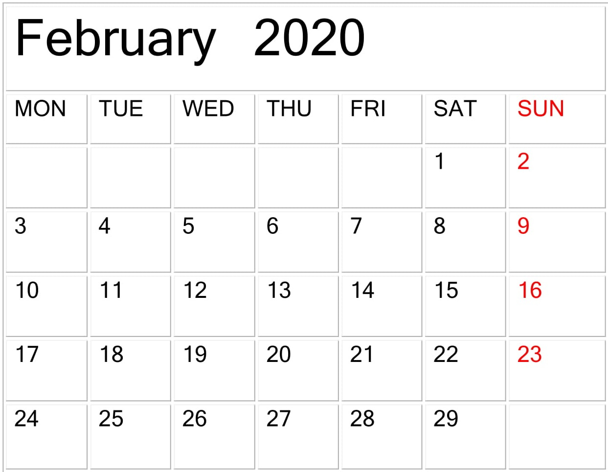 February 2020 Calendar Template Large Print - Latest