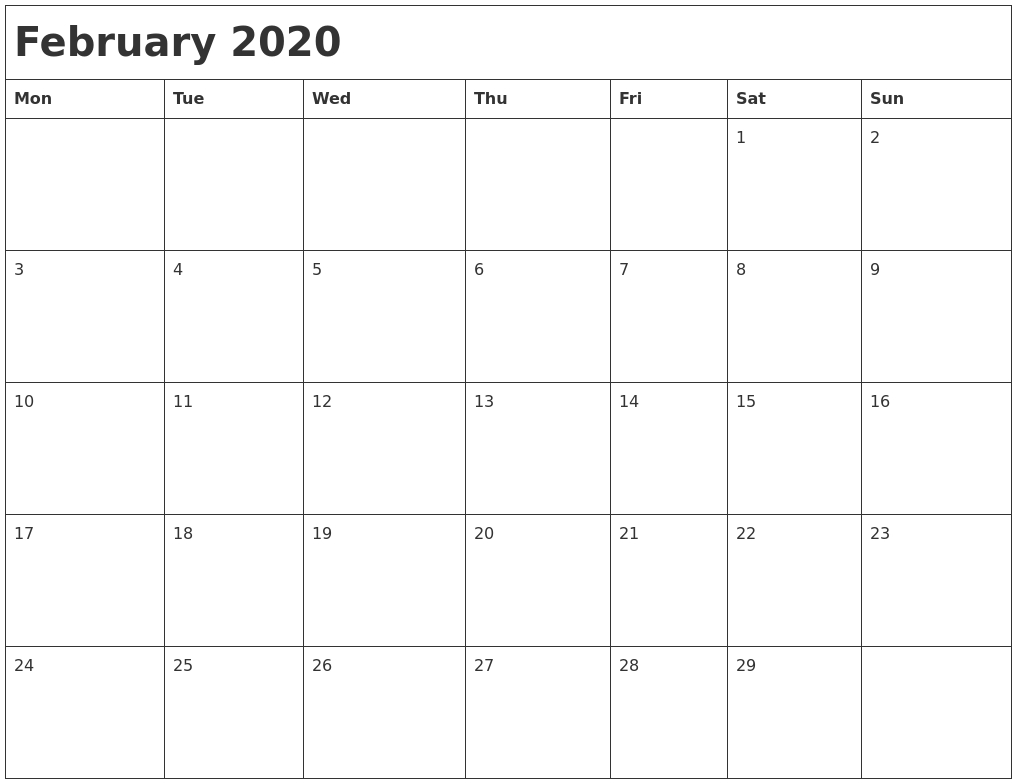 February 2020 Month Calendar