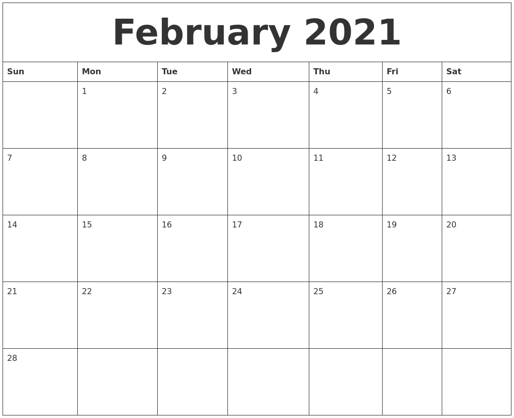 February 2021 Free Printable Monthly Calendar