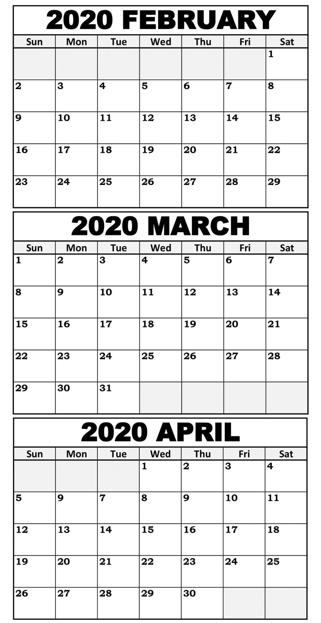 February To April 2020 Calendar With Holidays - 2019