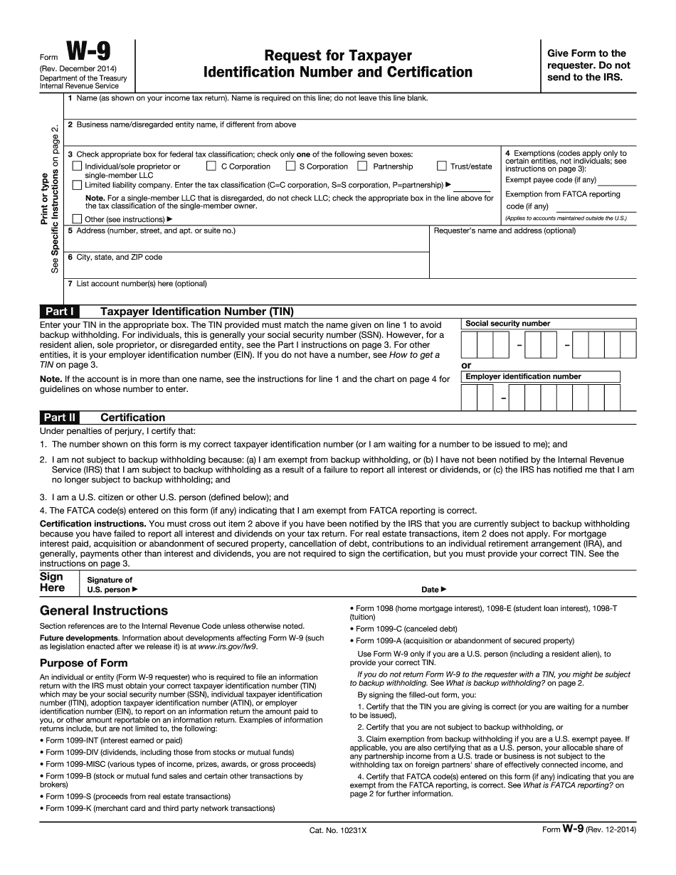 Fillable Form Irs W-9 2014 - Complete In Word And Pdf