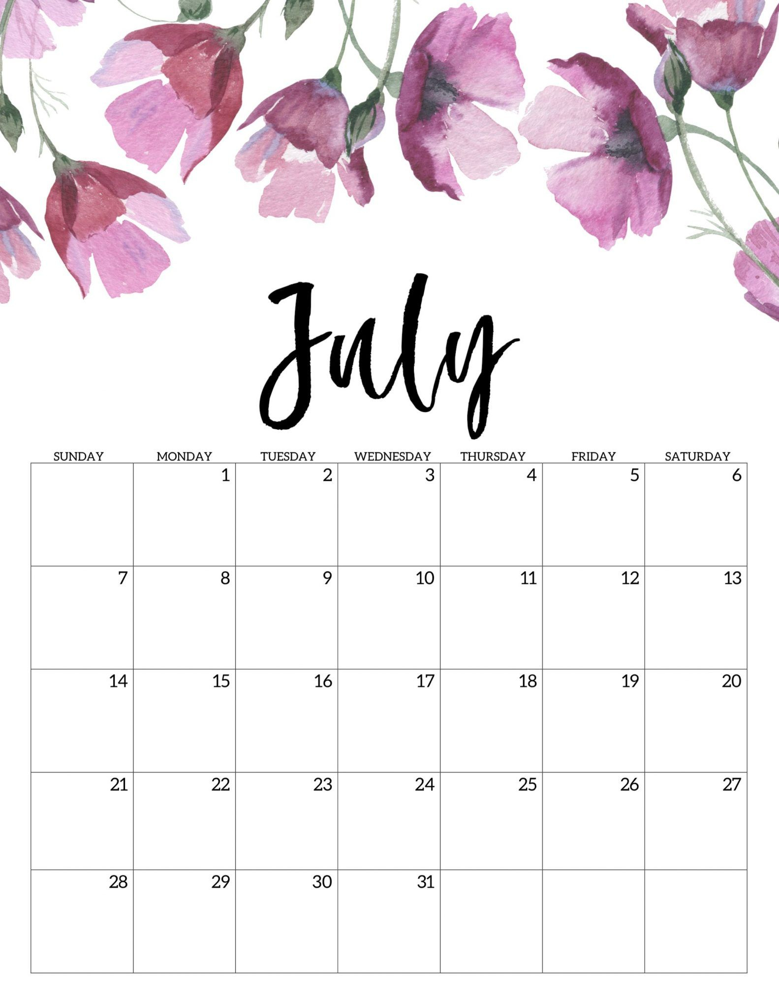 Floral Cute July Calendar 2019 | July Calendar, Free