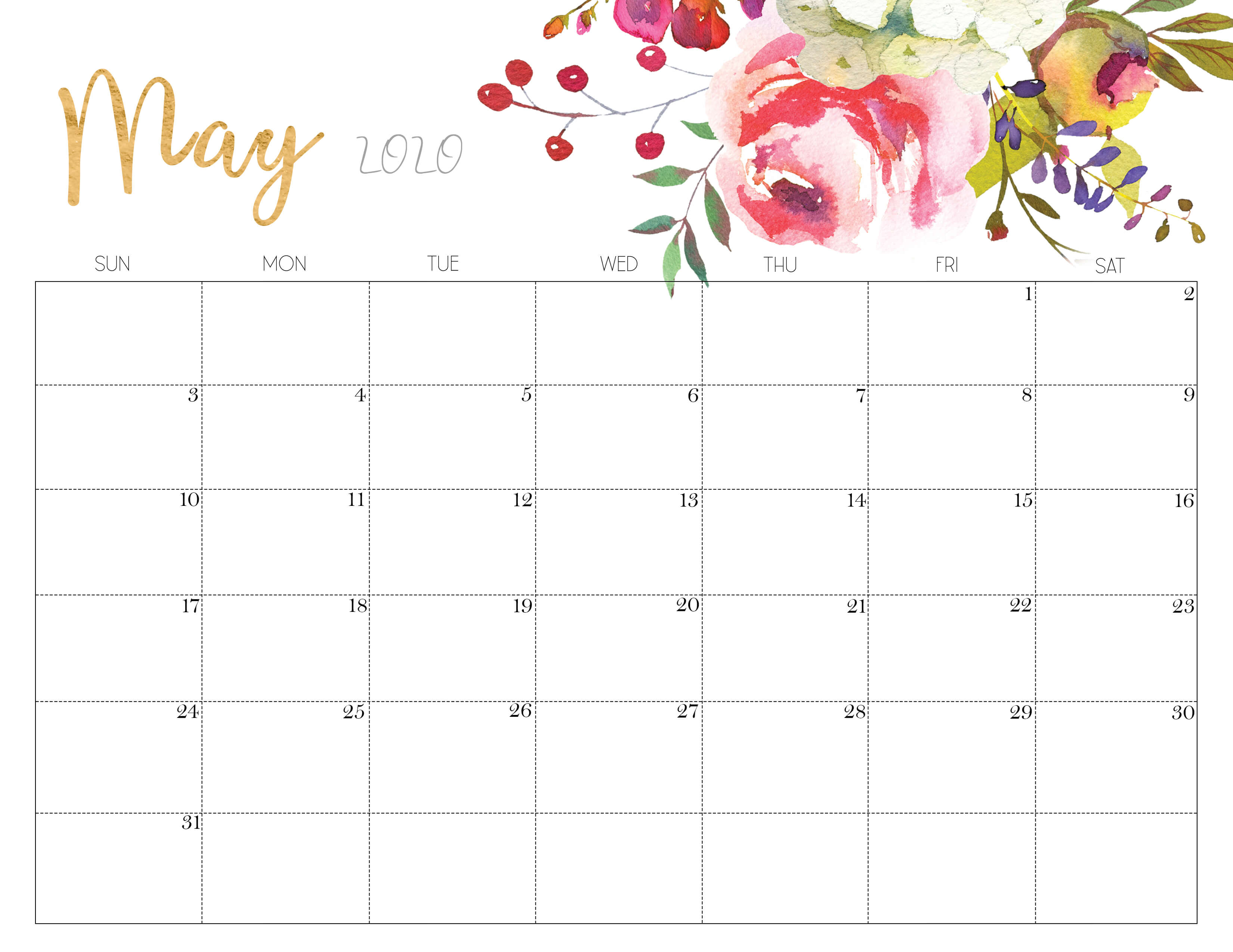 Floral May 2020 Calendar Printable - Time Management Tools