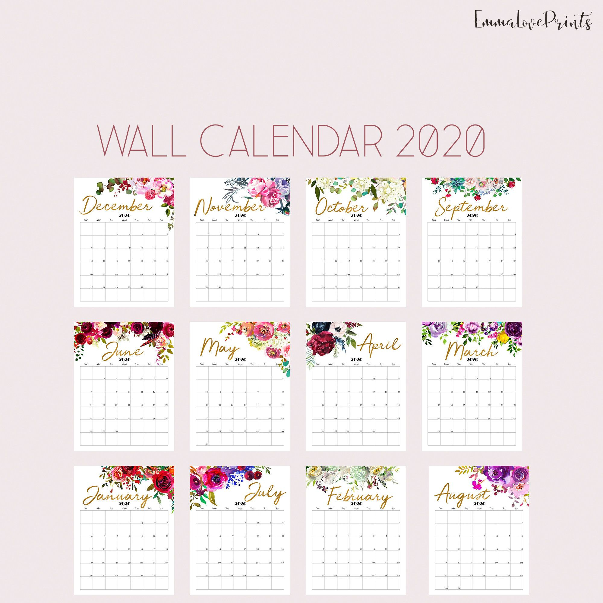 Floral Wall Calendar, Botanical Calendar 2020, Watercolour