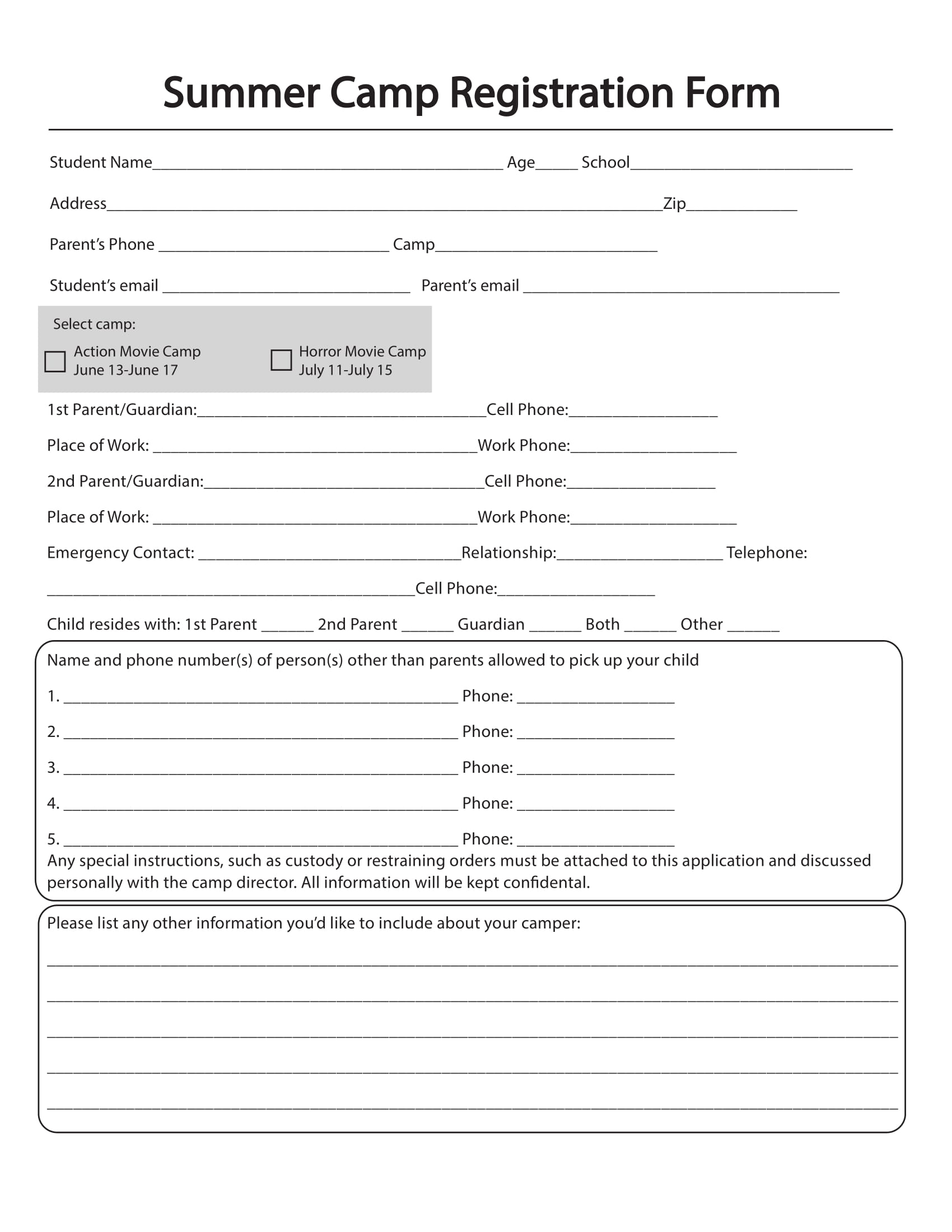 Free 10+ Printable Summer Camp Registration Forms In Pdf