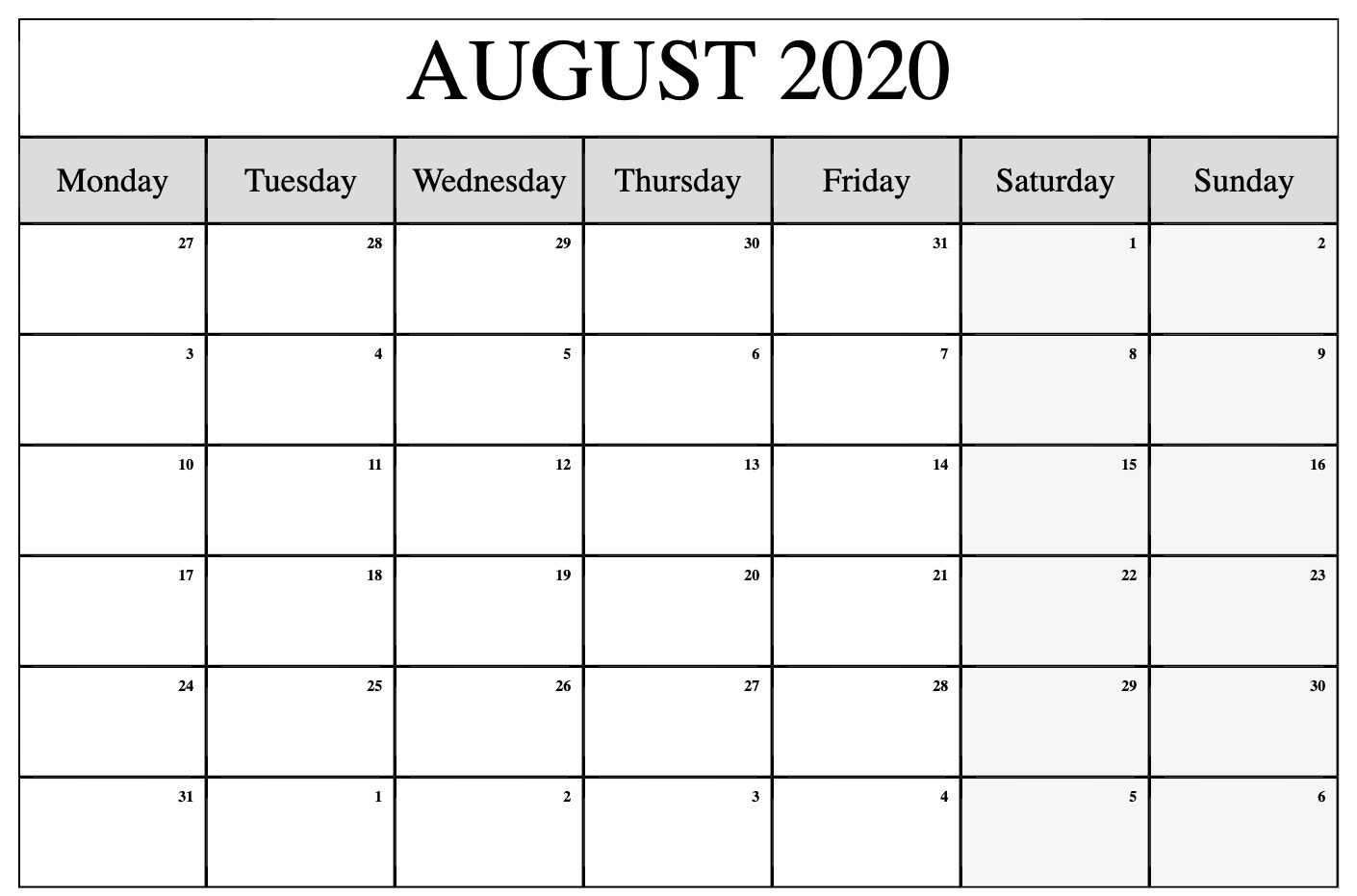 Free August 2020 Calendar Monthly Printable Templates