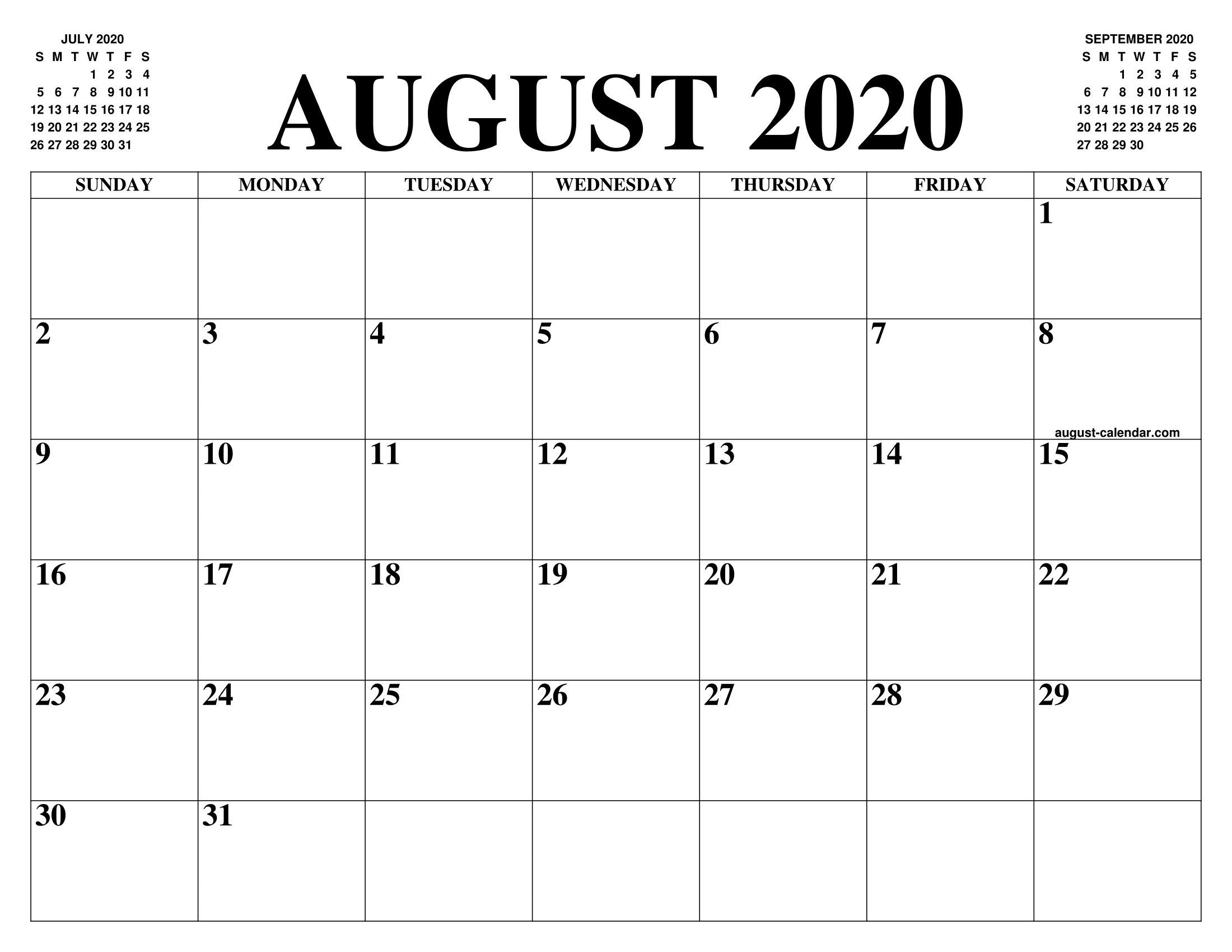 Free August 2020 Calendar Monthly Printable Templates