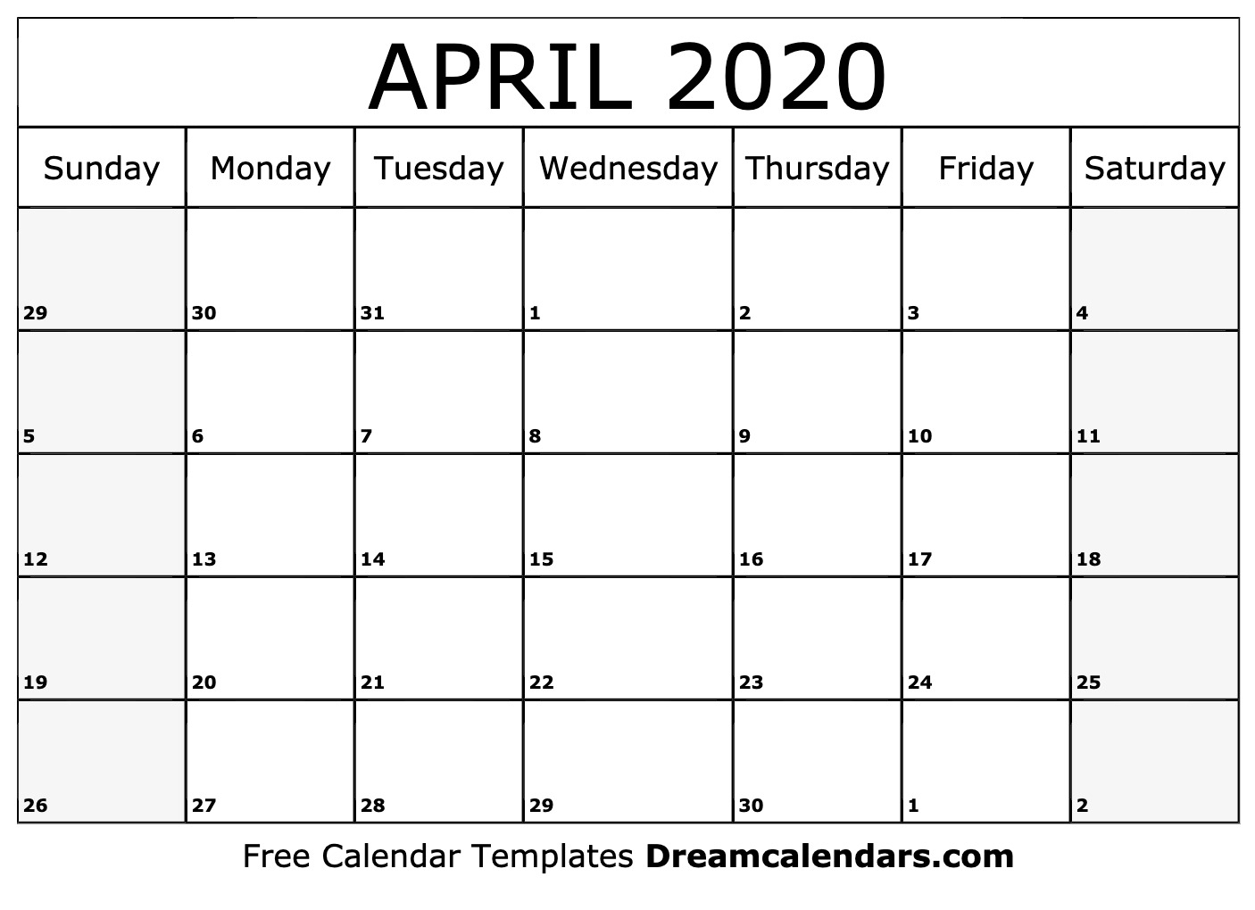 Free Blank April 2020 Printable Calendar