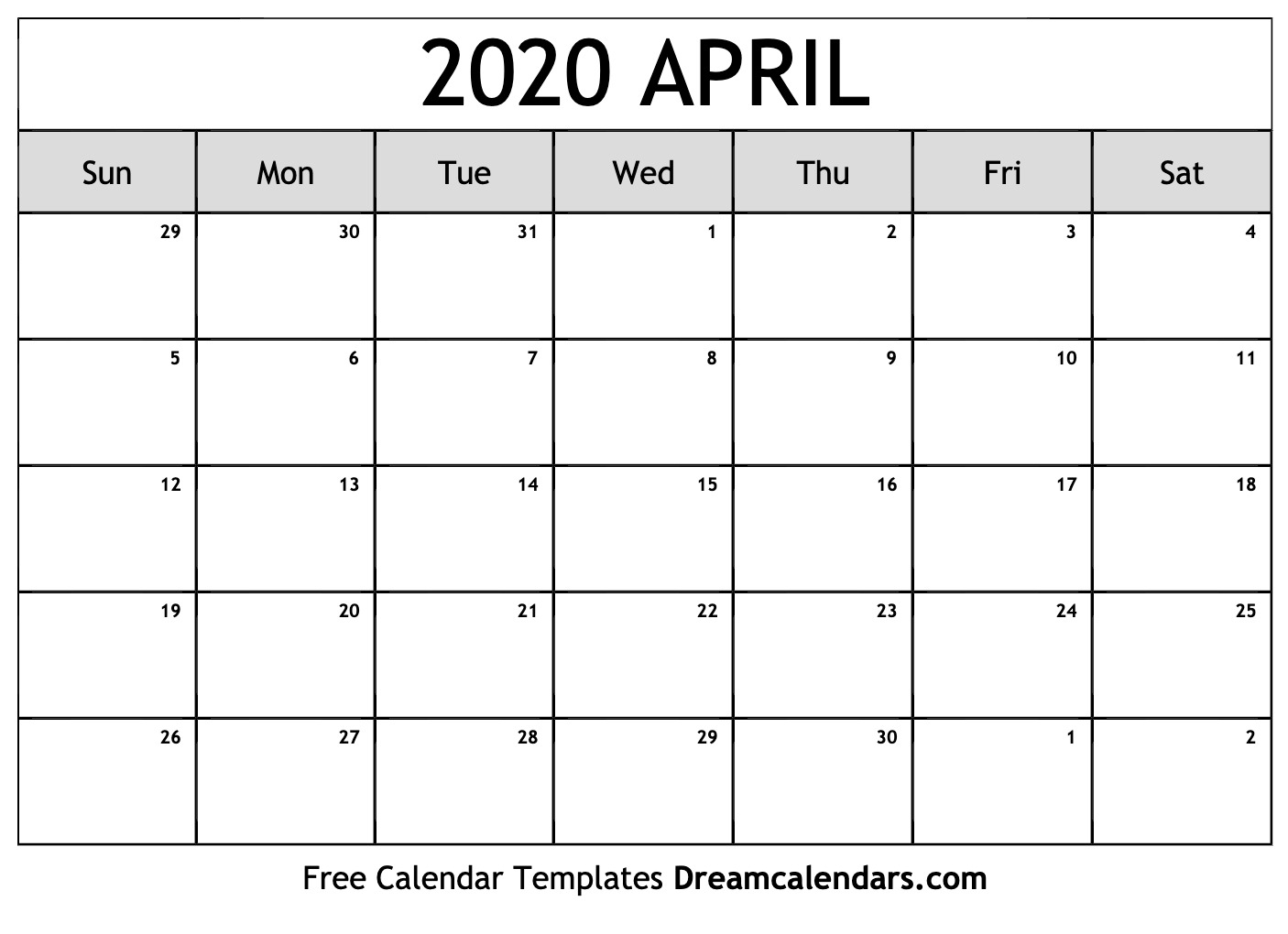 Free Blank April 2020 Printable Calendar
