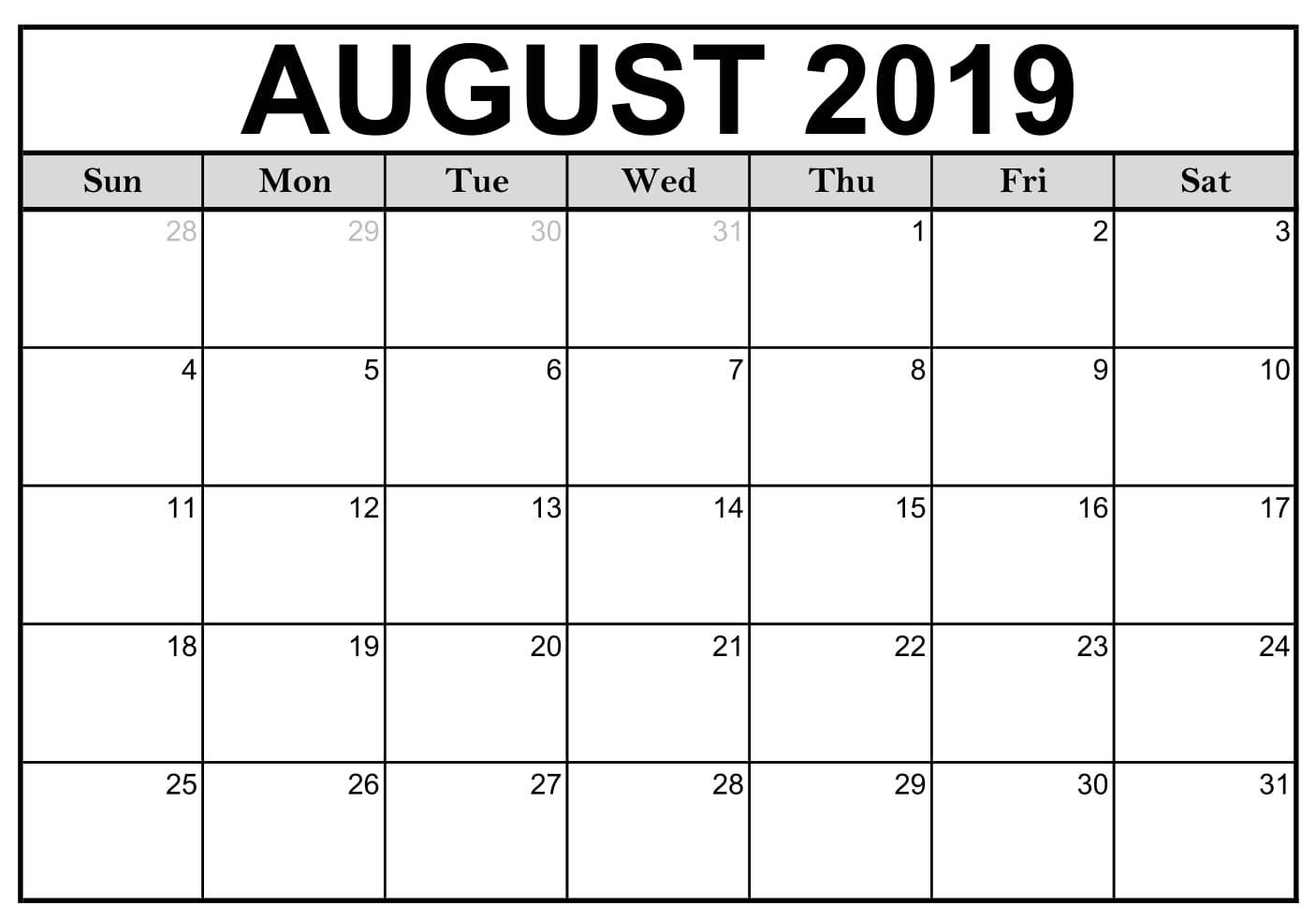Free Blank August 2019 Calendar Printable Template