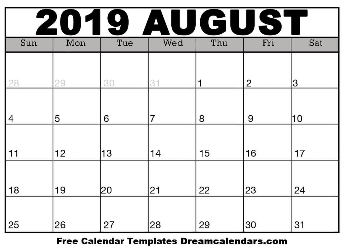 Free Blank August 2019 Printable Calendar