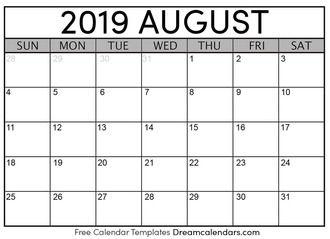 Free Blank August 2019 Printable Calendar