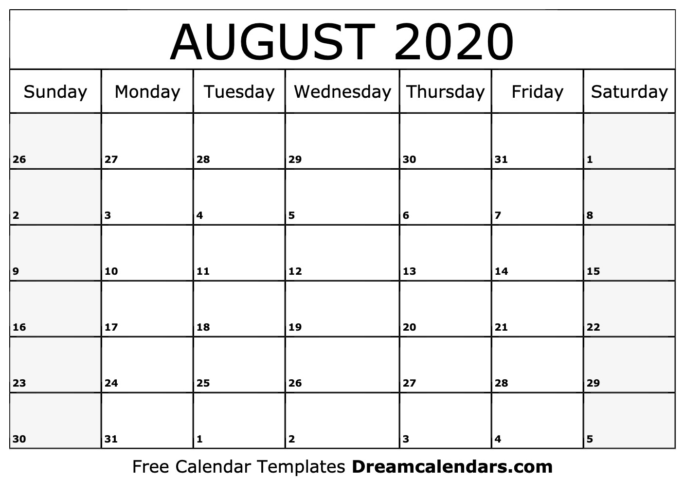 Free Blank August 2020 Printable Calendar