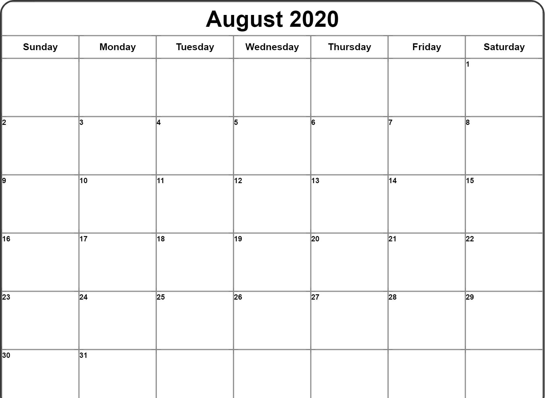 Free Blank August Calendar 2020 Printable Template