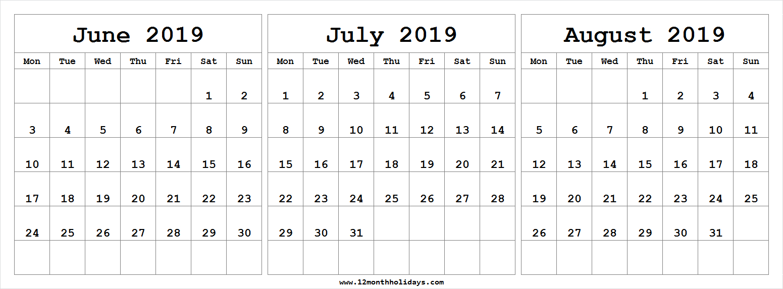 Free Blank Calendar 2019 June July August - All 12 Month