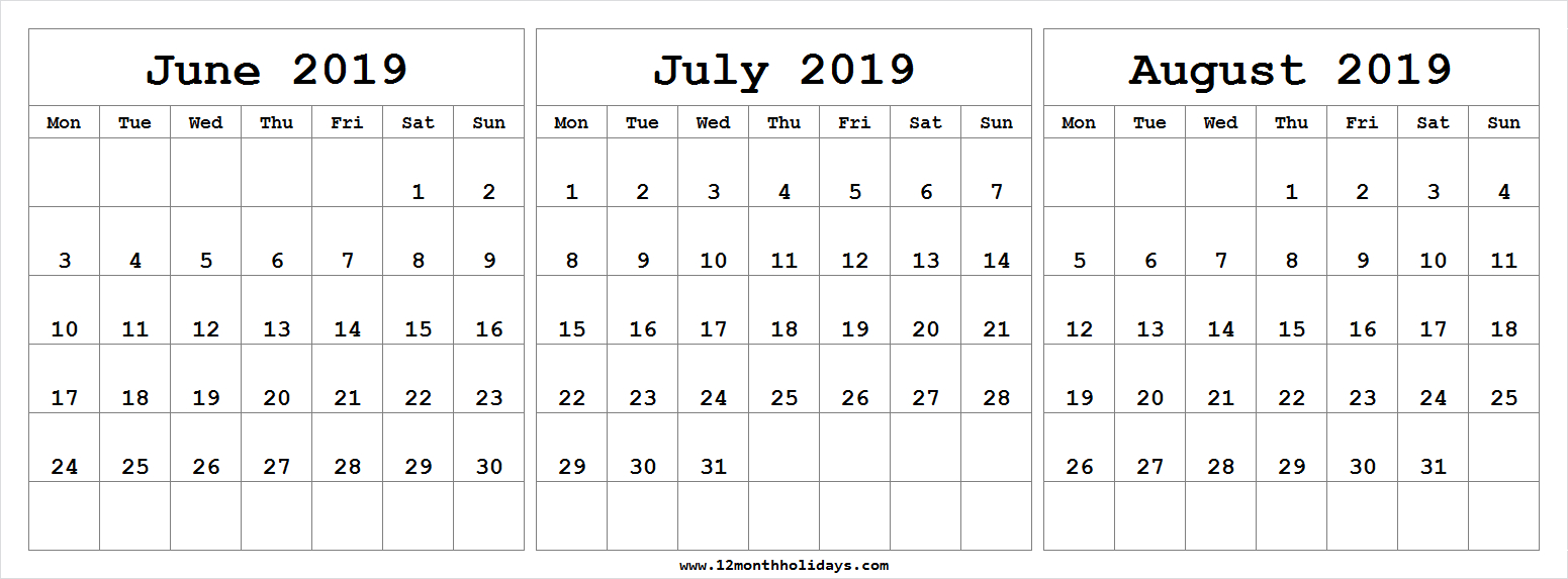 printable balnk calander for june july and august